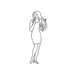 Songstress woman singing song into microphone. Line art style character vector black white isolated illustration.