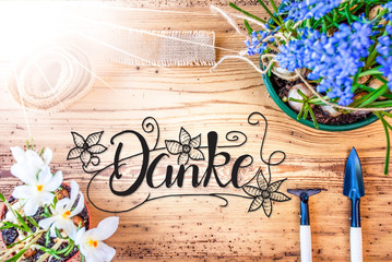 German Calligraphy Danke Means Thank You. Sunny Spring Flowers Like Grape Hyacinth And Crocus. Gardening Tools Like Rake And Shovel