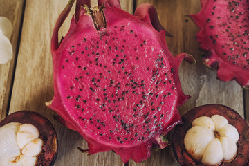 red Dragon Fruit and mangosteen on woodden background