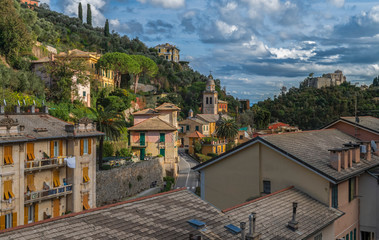 Fototapeta na wymiar Typical italian rooftops in the brigth and colorful town Portofino in Liguria region, Italy