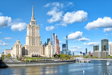 moscow city russia skyline downtown architecture street view of old stalin tower hotel skyscraper moskva river embankment leisure boat and business building district background modern town landscap