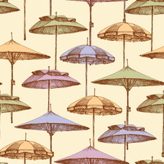 Fototapeta na wymiar Beach umbrellas seamless pattern. Vector background of summer holidays