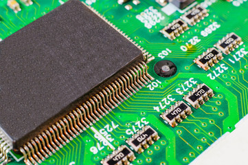 Electronic board components, Motherboard digital chip. Tech science background.