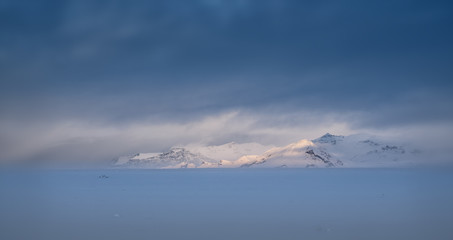 Winter in Iceland, strip of morning sunshine
