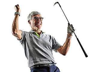 one caucasian senior man golfer golfing  in studio shadow silhouette isolated on white background