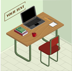 Vector illustration, office desk with a set of office items