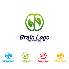 Brain with Leaf logo design vector, Nature Mind concept logo template, Icon Symbol