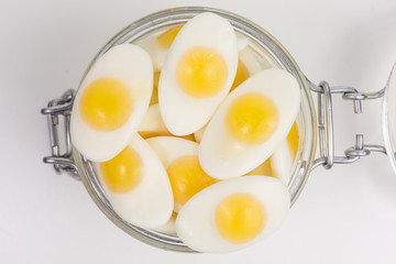 gummy candy fried egg sunny side up in a glass jar