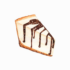 Watercolor cheesecake with chocolate dessert. Isolated food illustration paint on white background.Watercolor Food Collection hand drawn painting.