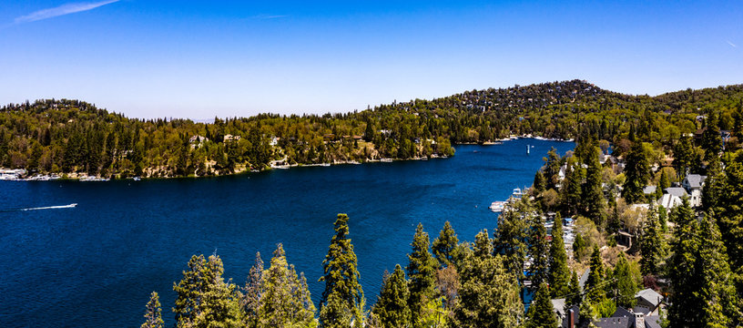 Beautiful, panoramic, drone view of historical Lake Arrowhead, California