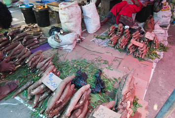 Root vegetables at an exotic street market in Fiji