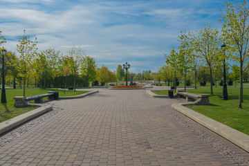 tracks in spring park landscape against blue sky