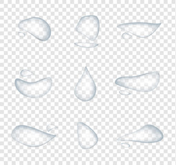 Different shape of realistic water drops vector isolated on transparent background, Glass bubble drop condensation surface, element design clean drop splash