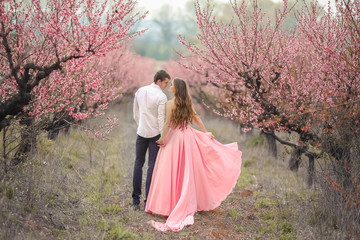 A bridegroom in a blooming garden. Woman in a long pink dress.