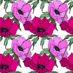 Anemone floral botanical flowers. Black and white engraved ink art. Seamless background pattern.
