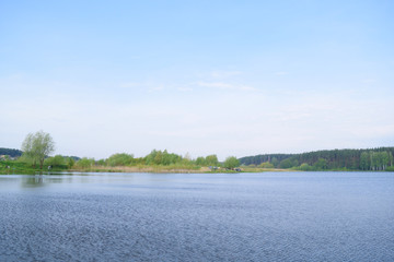 The lake is large in nature near the forest. summer landscape.