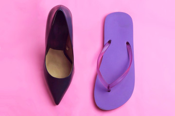 Trendy glamour fancy black classic glossy  elegant high heels shoes and beach purple beach flip...