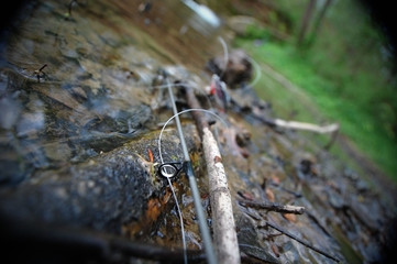 Extreme close-up of fishing tackle.