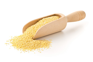 Pile of golden millet, a gluten free grain seed, in wooden scoop over white
