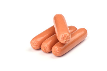 Four fresh boiled sausages isolated on white background.