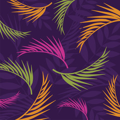 Tropical summer leaves, colorful background with copy space. Floral seamless pattern. Tropical illustration. Summer beach design. Paradise nature.