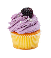 Cupcake with fresh blackberries and silver ball sprinkles