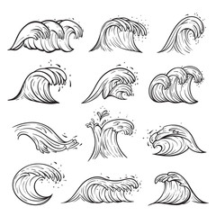 Ocean wave sketches set, weather marine storm