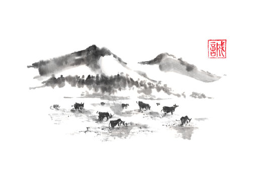 Japanese style sumi-e mountain pasture ink painting.