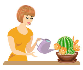 Profile of a beautiful girl. The lady cares about the colors of the room, cacti. The woman poured them out. Vector illustration