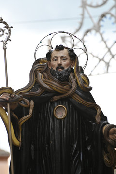 statue of Saint Domenico Abate with snakes during ritual of snakes in Cocullo,  Italy