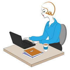 Profile of a sweet lady. Young girl at work in the office sits at a table and works at the computer. Vector illustration
