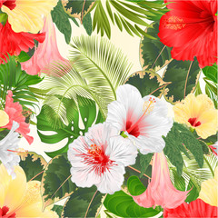Seamless texture tropical flowers  floral arrangement, with  white red and yellow hibiscus and Brugmansia  palm,philodendron  vintage vector illustration  editable hand draw