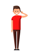 Front view animated character. Designer character. Cartoon style, flat vector illustration of smiling boy with short hair in casual clothes. Standing man with hand up. Man talking on the phone. 