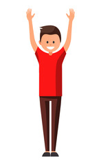 Front view animated character. Designer character. Cartoon style, flat vector illustration of smiling boy with short hair in casual clothes. Standing man with hands up. Greeting. Interactive. 