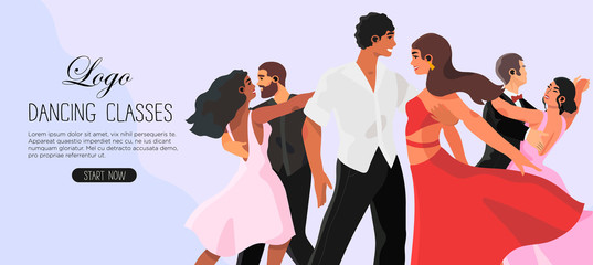 Vector illustration of a dancing studio rehearsal. Young men and women attending dancing classes. Creative banner, flyer or landing page for a dance studio or ballroom dance classes. - obrazy, fototapety, plakaty