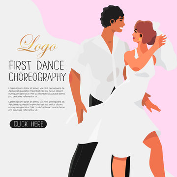 Vector illustration of a first dance choreography rehearsal of a young couple and their friends in a dancing studio. Dancing classes banner, flyer, invitation or blog post.