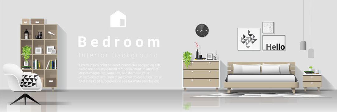Interior background with modern cozy bedroom , vector , illustration