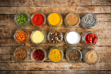 Large collection of spices in small bowls