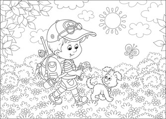 Little boy traveler with a backpack, a map, a compass and his small pup walking through a forest on a sunny summer day, black and white vector illustration in a cartoon style