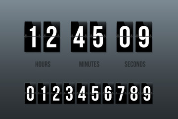 Flip clock showing how much time: hours, minutes and seconds. Flip board with white numbers on black panels in retro style. Vector design element.