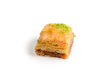 Pistachio baklava on a white background. Dessert.