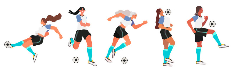Woman soccer or football player. Flat vector illustration of girl team playing soccer or football isolated on a white background.