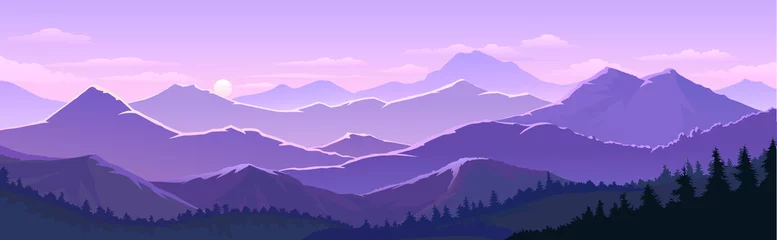 Photo sur Plexiglas Violet Des cieux violets et les vastes terres montagneuses avec des arbres, des forêts.