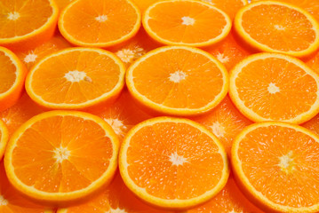 Slices of oranges as a background, top view.