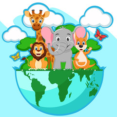 Obraz na płótnie Canvas Planet earth with wild animals. World environment day.