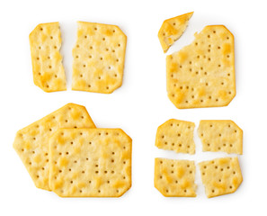 Set of cookie crackers broken and whole on a white background. The form of the top.