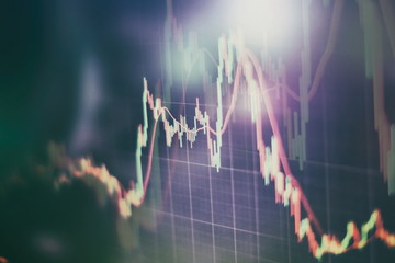Technical price graph and indicator, red and green candlestick chart on blue theme screen, market...