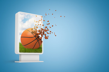 3d rendering of digital information display showing basketball starting to dissolve in particles on gradient blue background with copy space.
