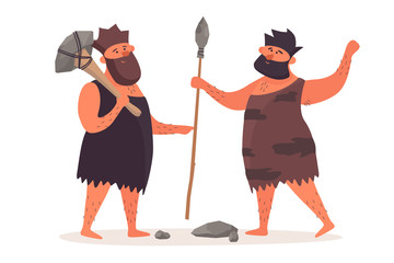 A primitive man with an ax is talking beside a man with a spear. Prehistoric people dressed in pelts on a white isolated background. The life of Neanderthals and cavemen. Vector flat illustration.