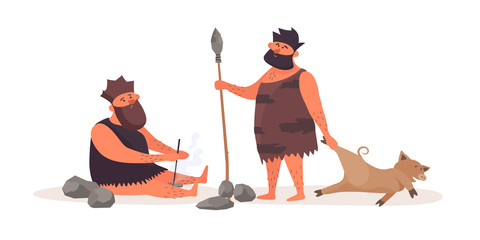 Primitive man produces fire by friction. A prehistoric man with a spear, dressed in pelt, brought booty from the hunt. The life of Neanderthals and cavemen. Vector flat illustration.